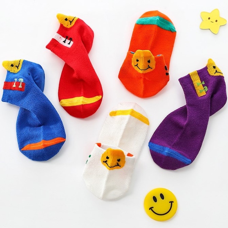 Smiley colorful socks 3Y-12Y summer 5pack breathable Cotton mesh socks